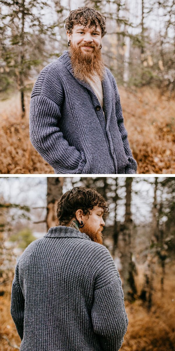 Two pictures of a bearded man wearing a crocheted cardigan.
