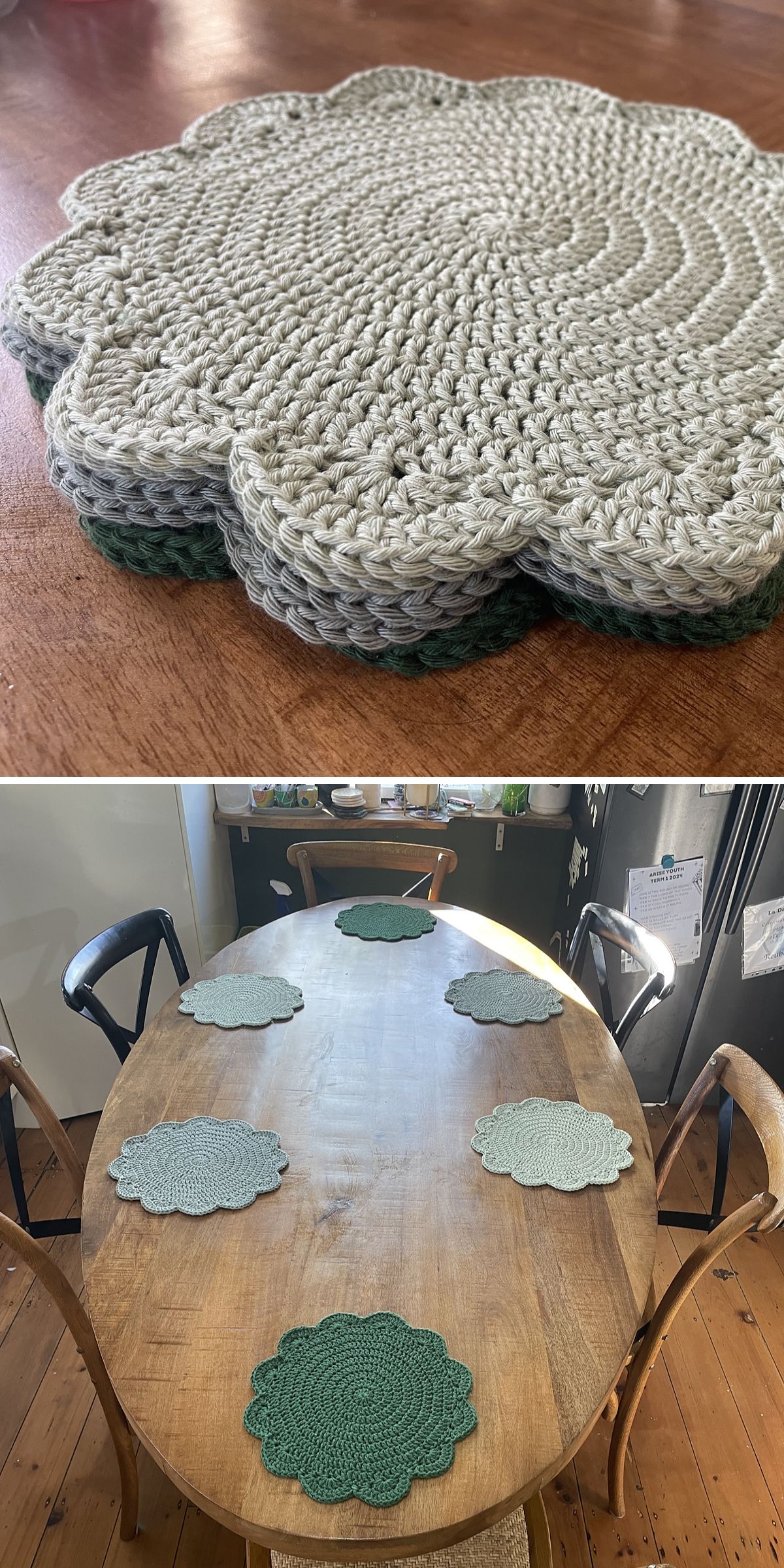 a set of flower-shaped crochet placemats