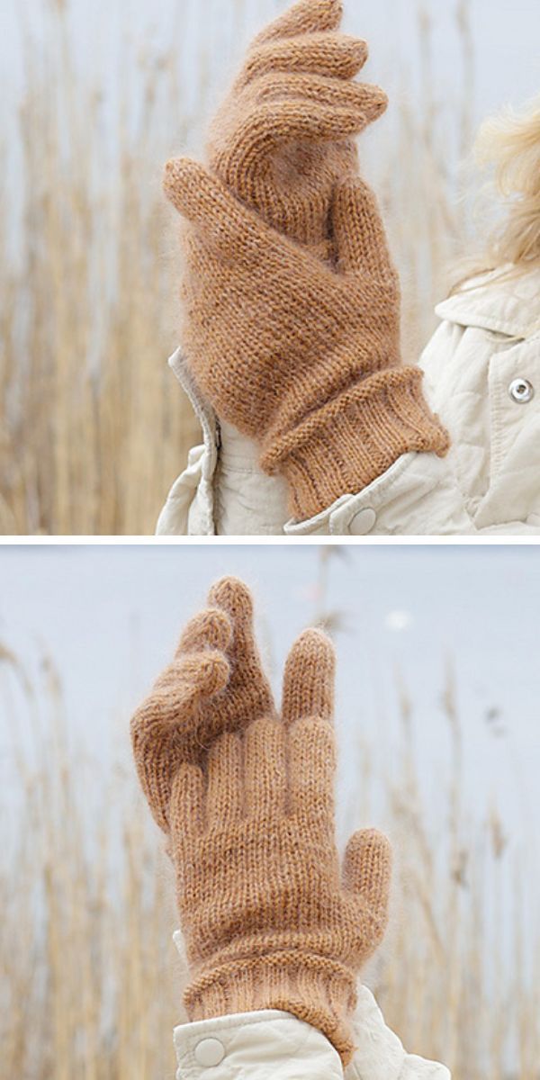A pair of knitted mittens on a woman's hand.