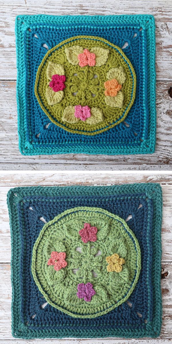 crochet squares in blue colors with flowers in the center
