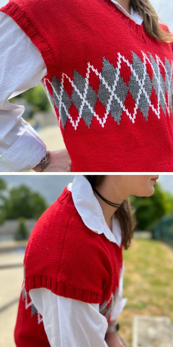 A woman wearing a red argyle vest.