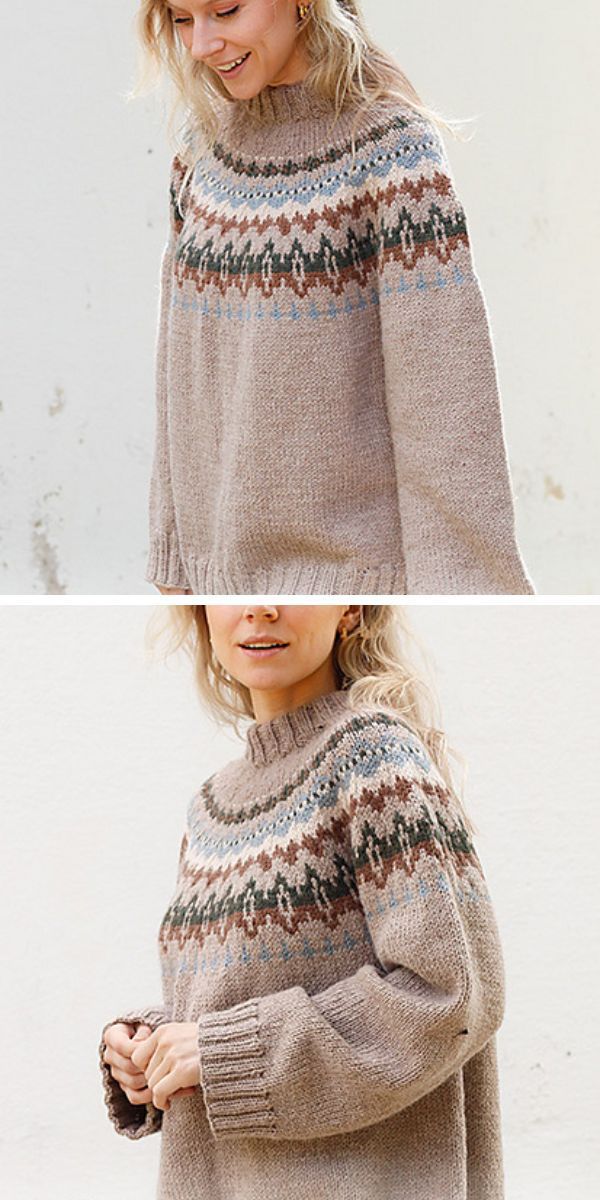 A woman wearing a knitted sweater.
