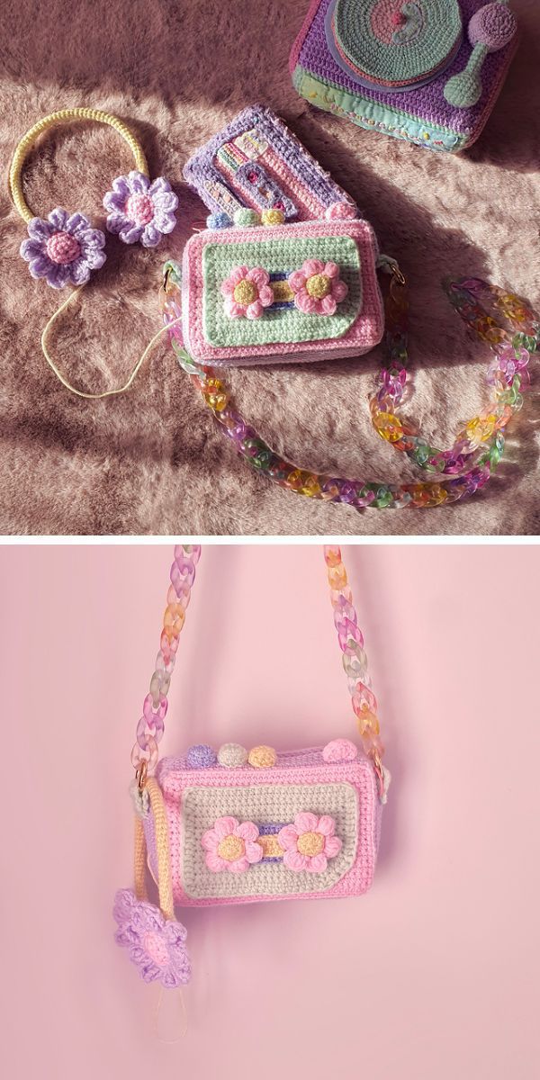 a crocheted crossbody purse with a pink flower on it