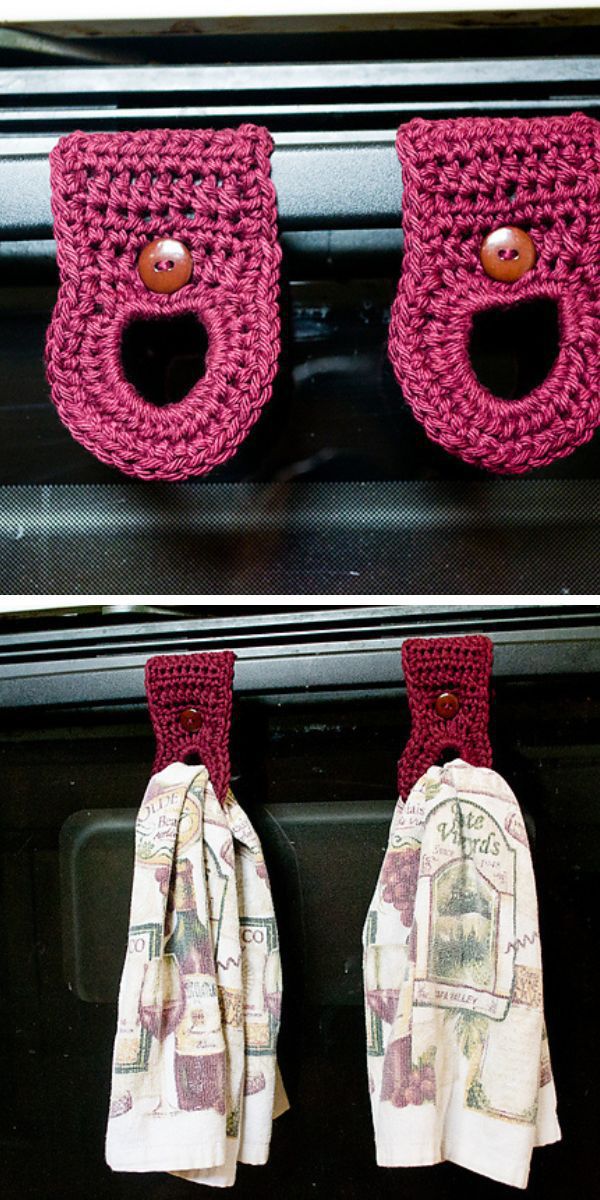 Two pictures of crocheted towel hooks in a home.