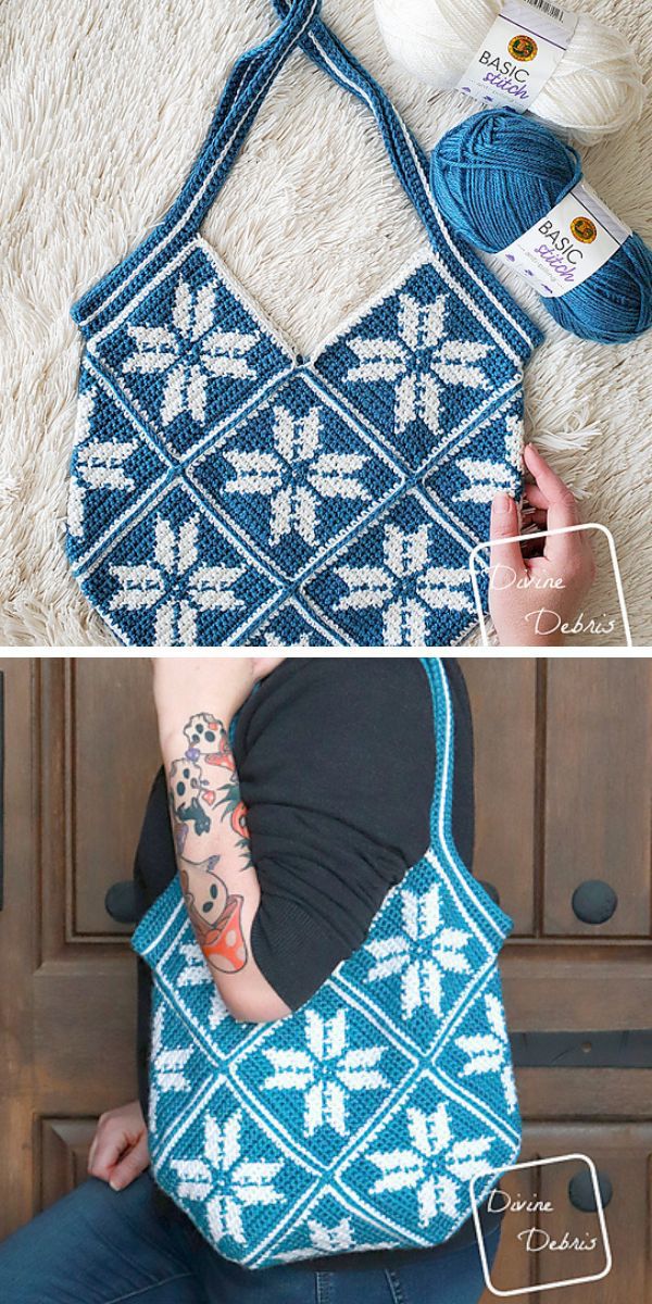 A blue and white crochet bag.