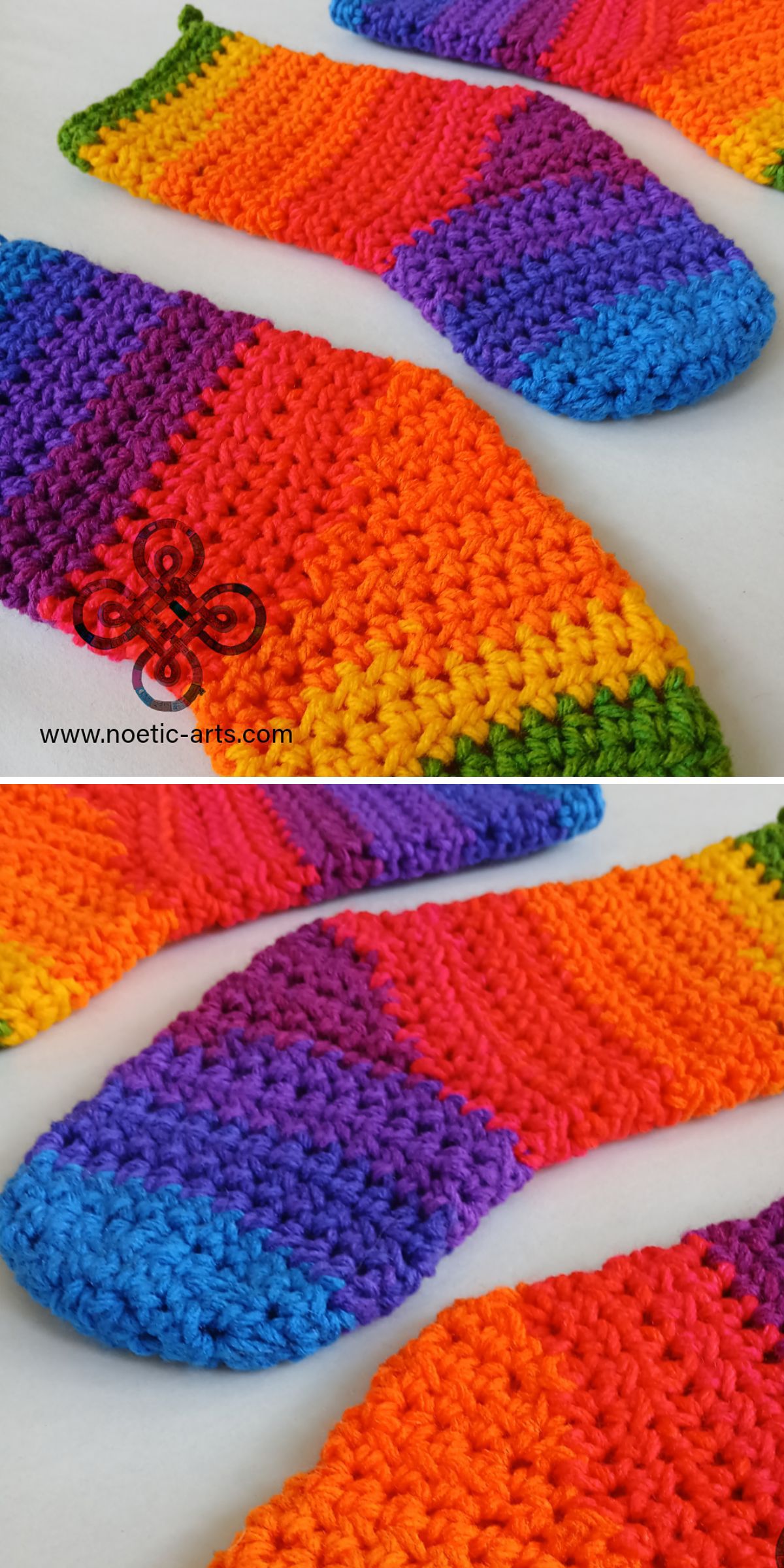 Crocheted items in vibrant rainbow colors, including blue, purple, red, orange, and yellow, are displayed on a light background. Among them is a festive Christmas stocking pattern that adds an extra touch of holiday cheer.