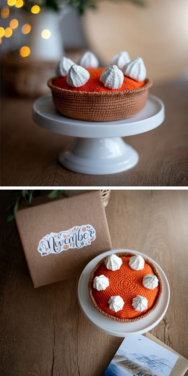 Two pictures of an orange pie on a table decorated with amigurumi cacti.