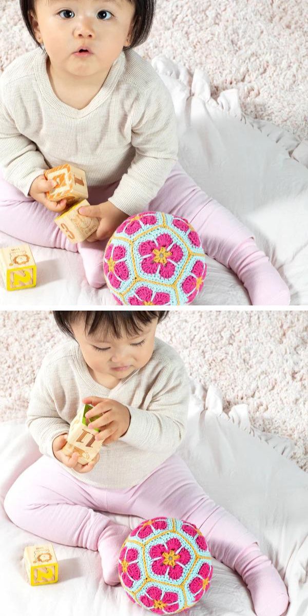 Two pictures of a crochet baby playing with a toy.