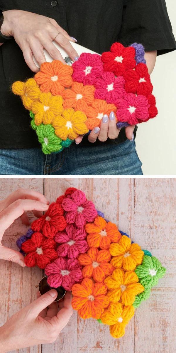 Crocheted flower clutch purse.