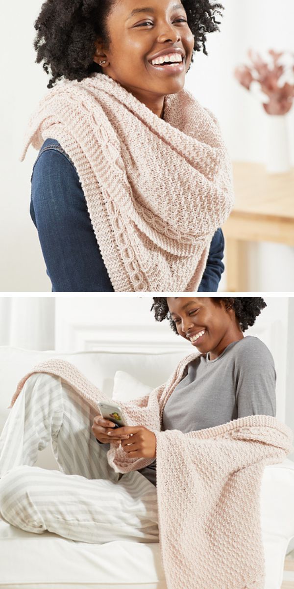 Two pictures of a woman wearing a pink knitted shawl.