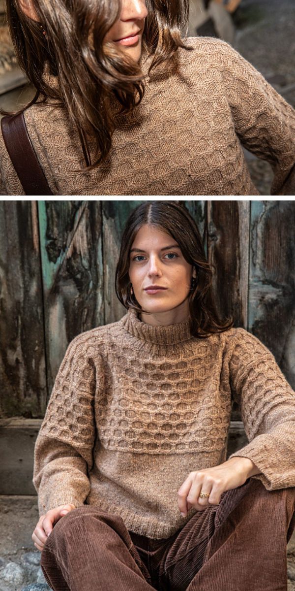 A woman wearing a striped knitted sweater.