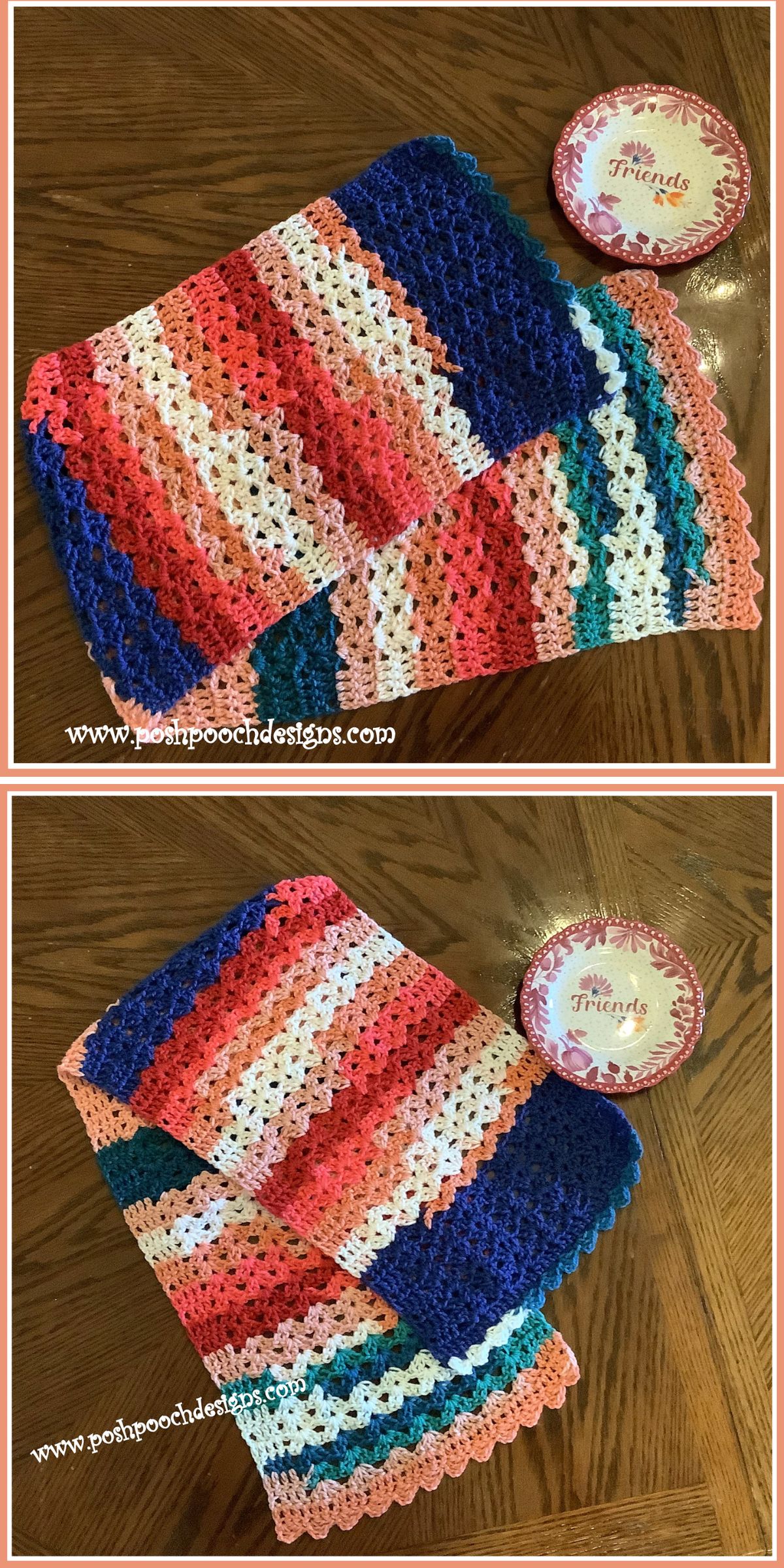 Two photos highlight a colorful crocheted scarf featuring horizontal stripes in red, blue, green, white, pink, and orange. It's artfully displayed on a wooden surface next to a small decorative tin—a nod to the vibrant allure of crochet tablecloths.