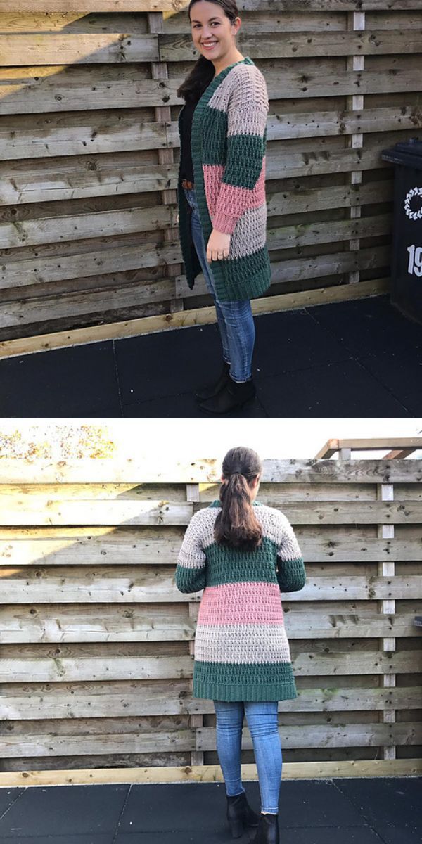Two pictures of a woman wearing a long knitted cardigan.