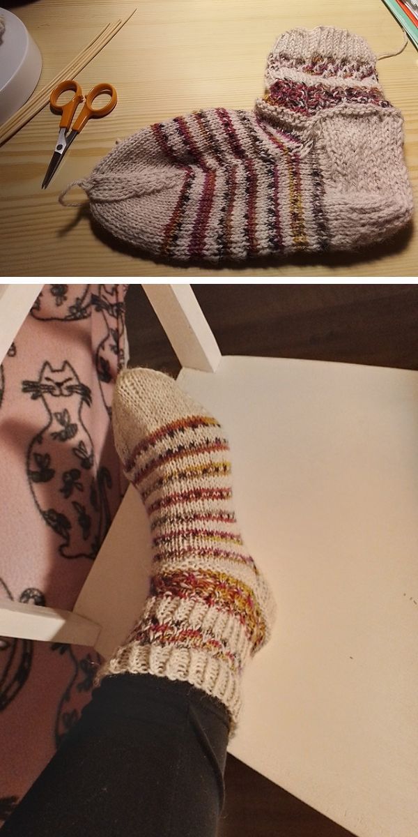 Two pictures of a person creating knitted socks.