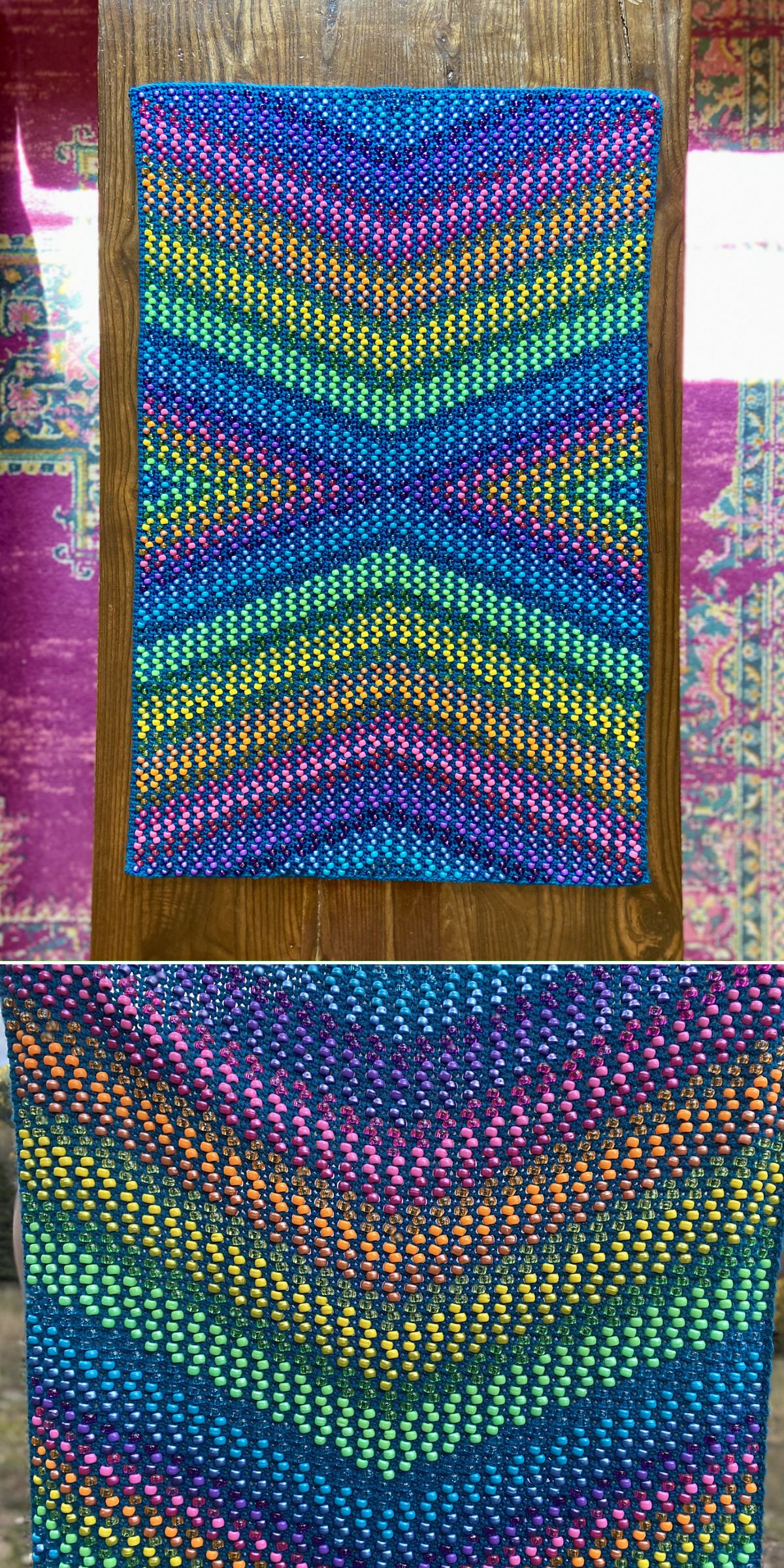 A multicolored crochet blanket, reminiscent of vibrant crochet tablecloths, features chevron patterns in blue, purple, pink, orange, yellow, and green displayed elegantly on a wooden surface.