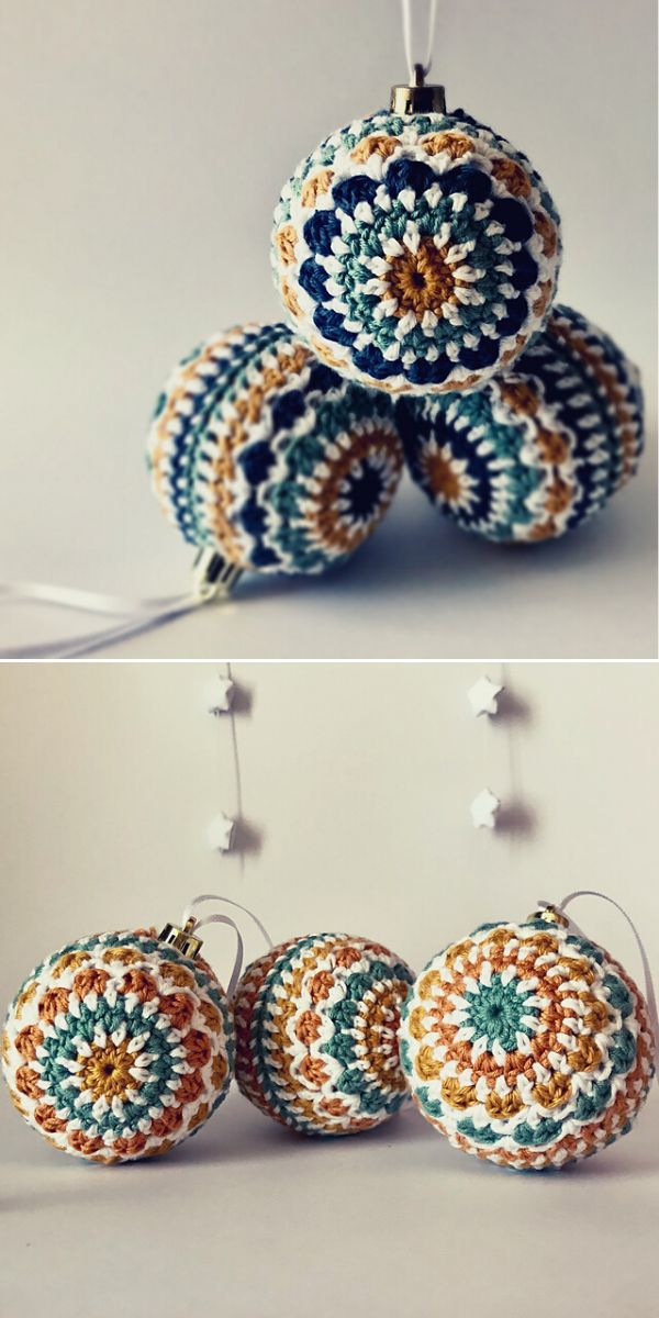 Crocheted baubles hanging on a string.
