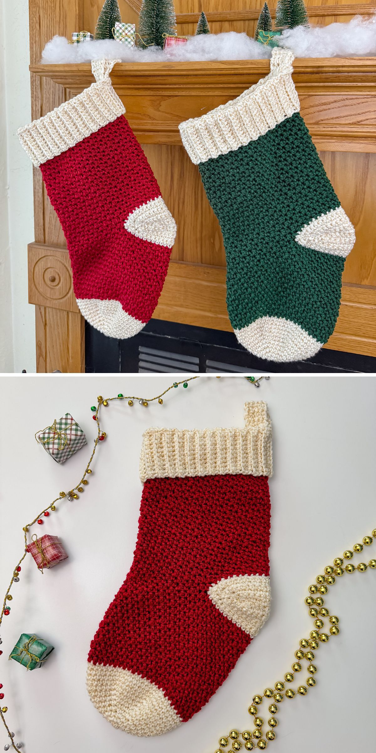 Two knitted Christmas stockings, featuring a festive pattern, hang on the mantle—one red and white, the other green and white. A single red and white stocking is showcased with holiday decor on a table, highlighting its delightful Christmas stocking pattern.