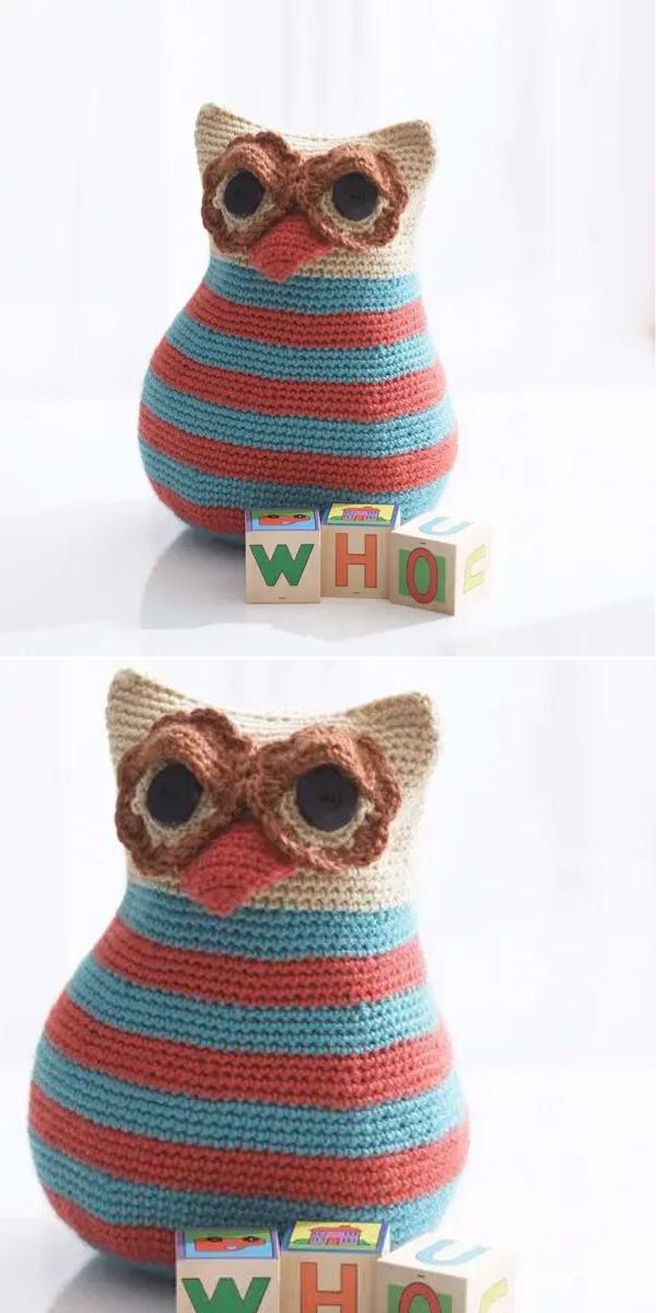 A crocheted owl sitting next to a set of wooden blocks, serving as an adorable crochet baby toy.