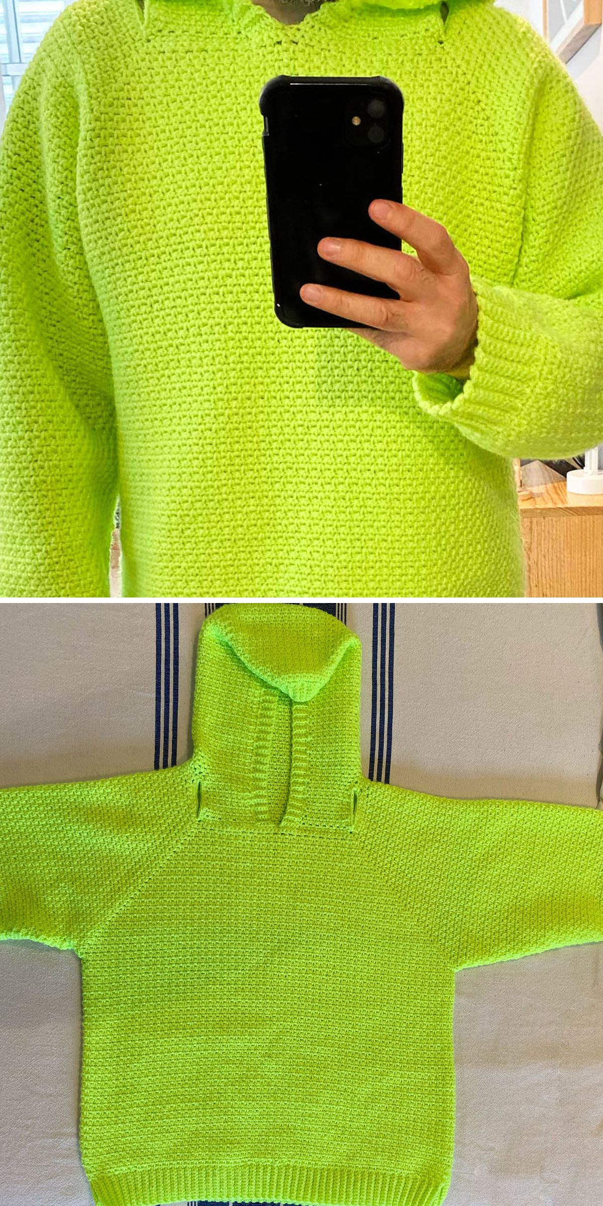 a crochet men's hoodie in a birght lime green hue