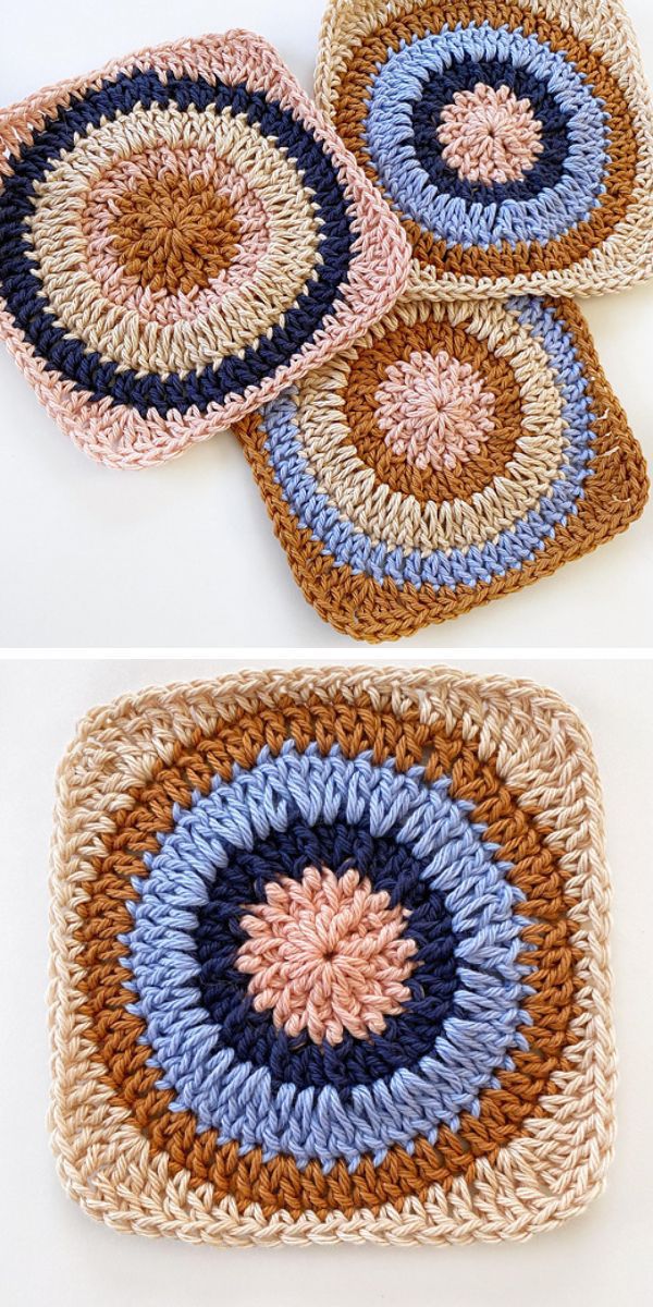 A collection of crochet afghan squares in various colors.