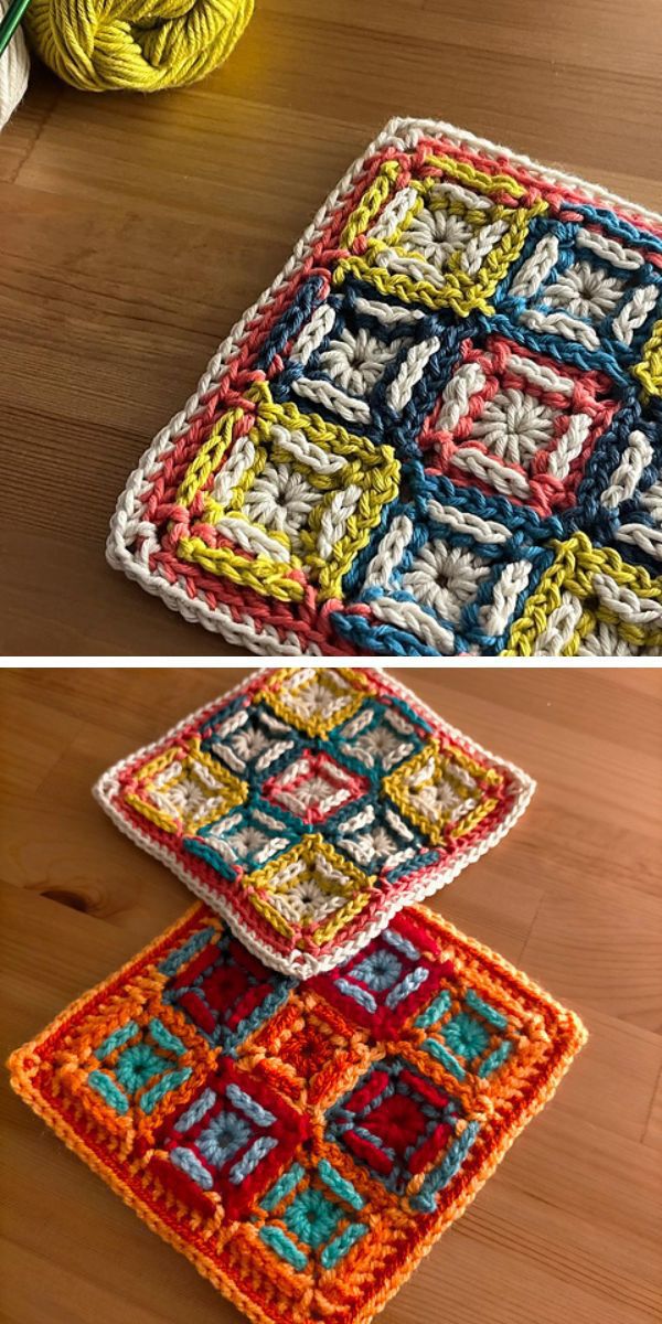 A collection of crochet afghan squares arranged neatly on a wooden table.