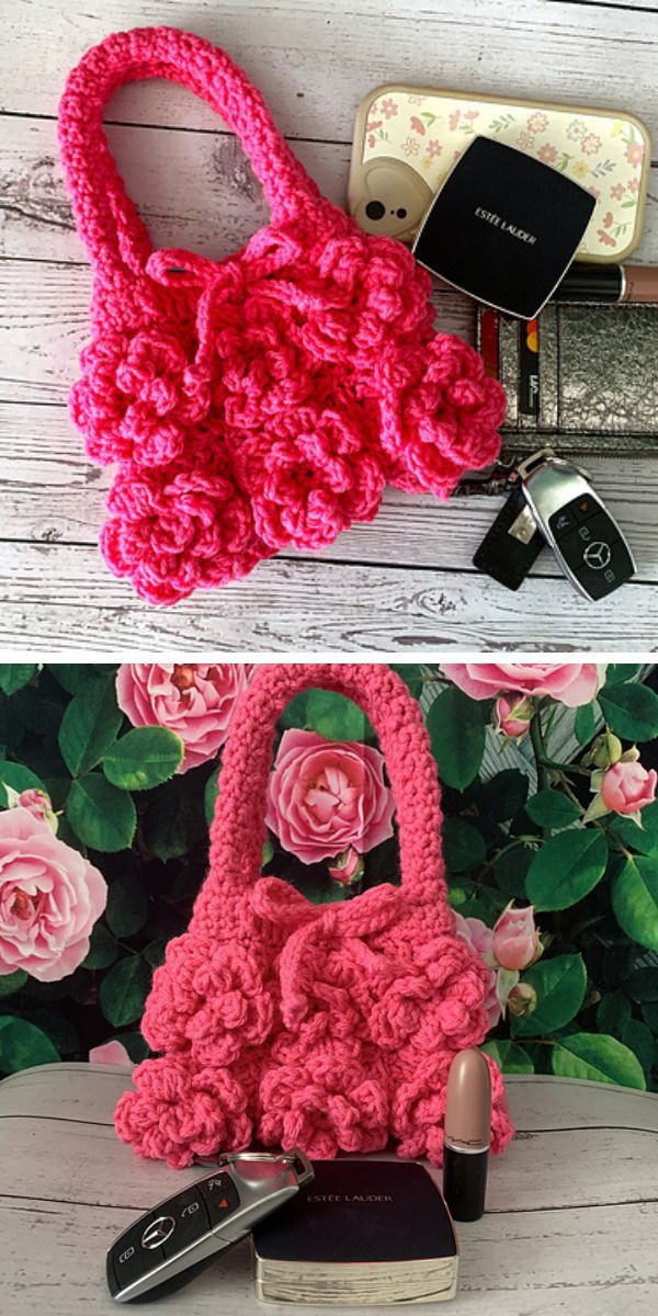 A crocheted pink crochet bag.