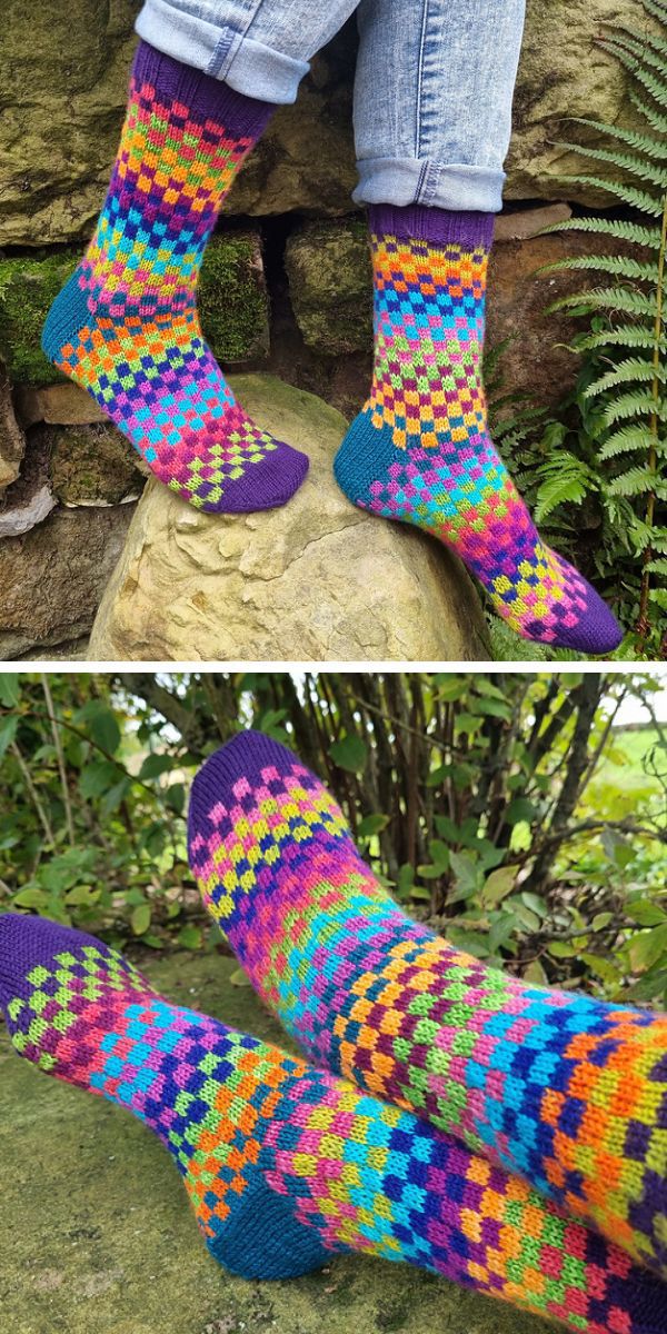 A pair of knitted socks on a woman's feet.