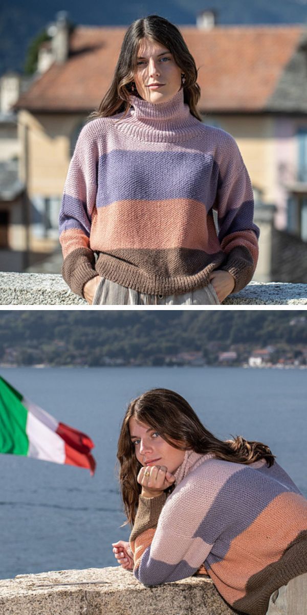 Two pictures of a woman wearing a knitted sweater and a flag of Italy.