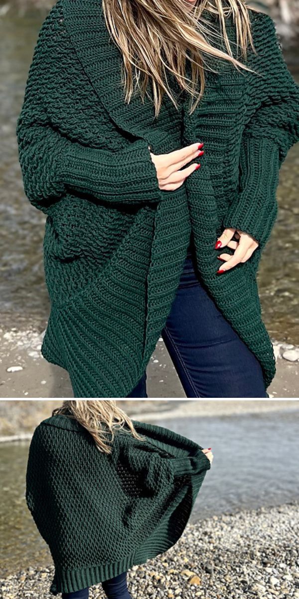 Two pictures of a woman wearing a long green crochet cardigan.