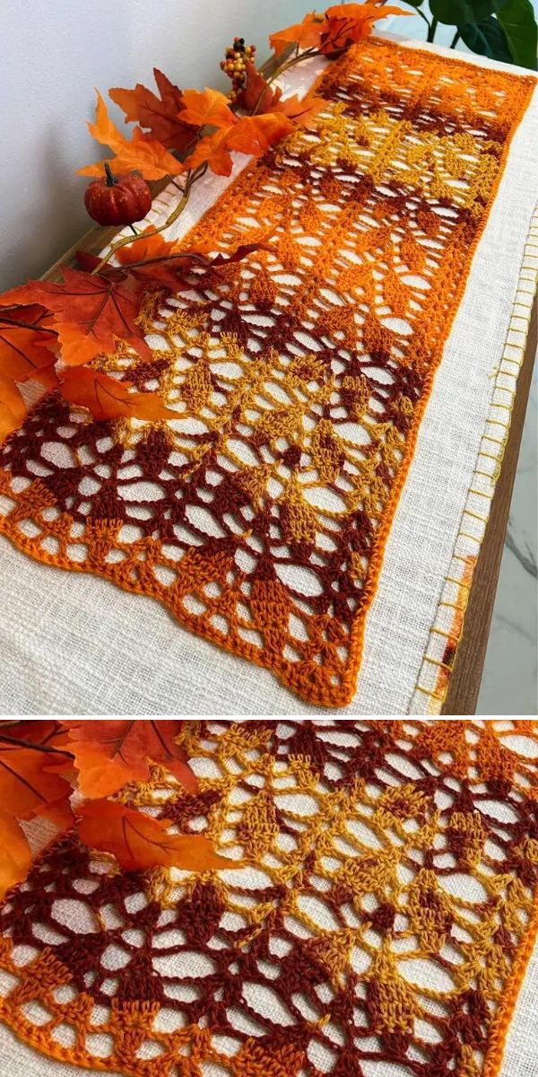 A crocheted table runner with orange and yellow leaves, perfect for decorating your dining table with a touch of autumn foliage.