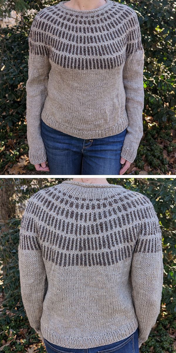 Two pictures of a woman wearing knitted sweaters.