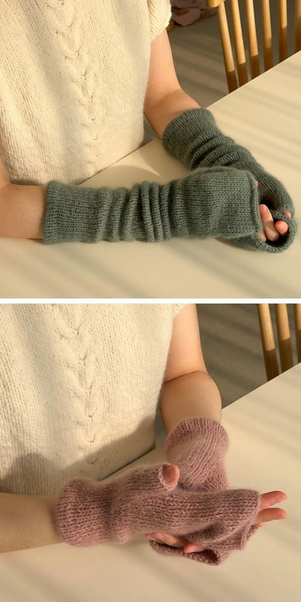 Two pictures of a woman wearing a pair of knitted fingerless gloves.