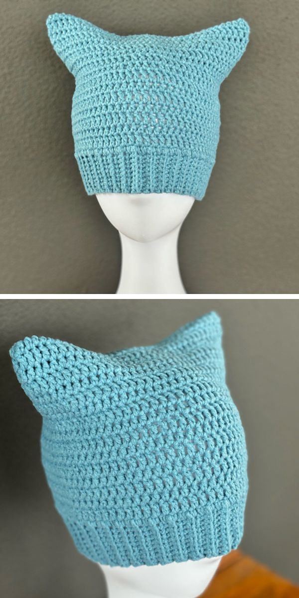 a blue crochet beanie with cat ears