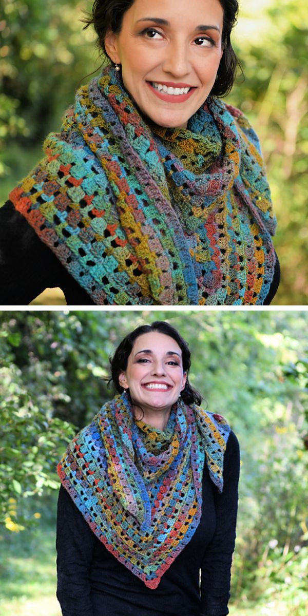 Two pictures of a woman wearing a vibrant crochet shawl.