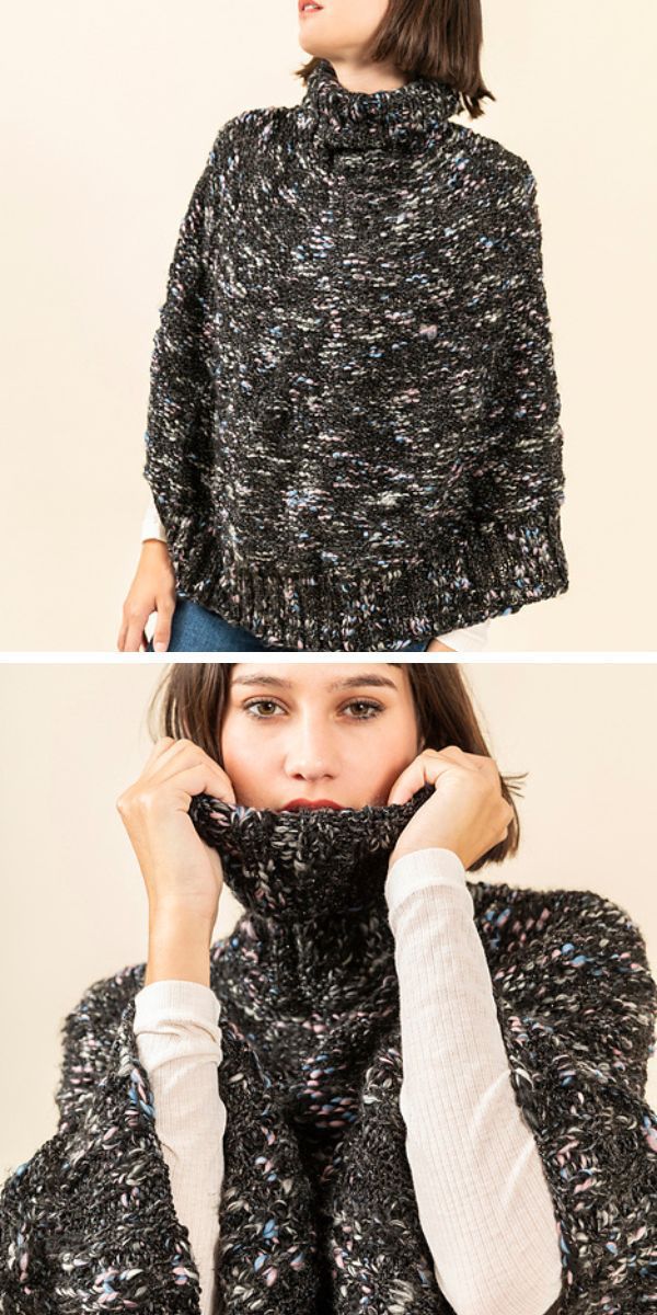 Two pictures of a woman wearing knitted ponchos.