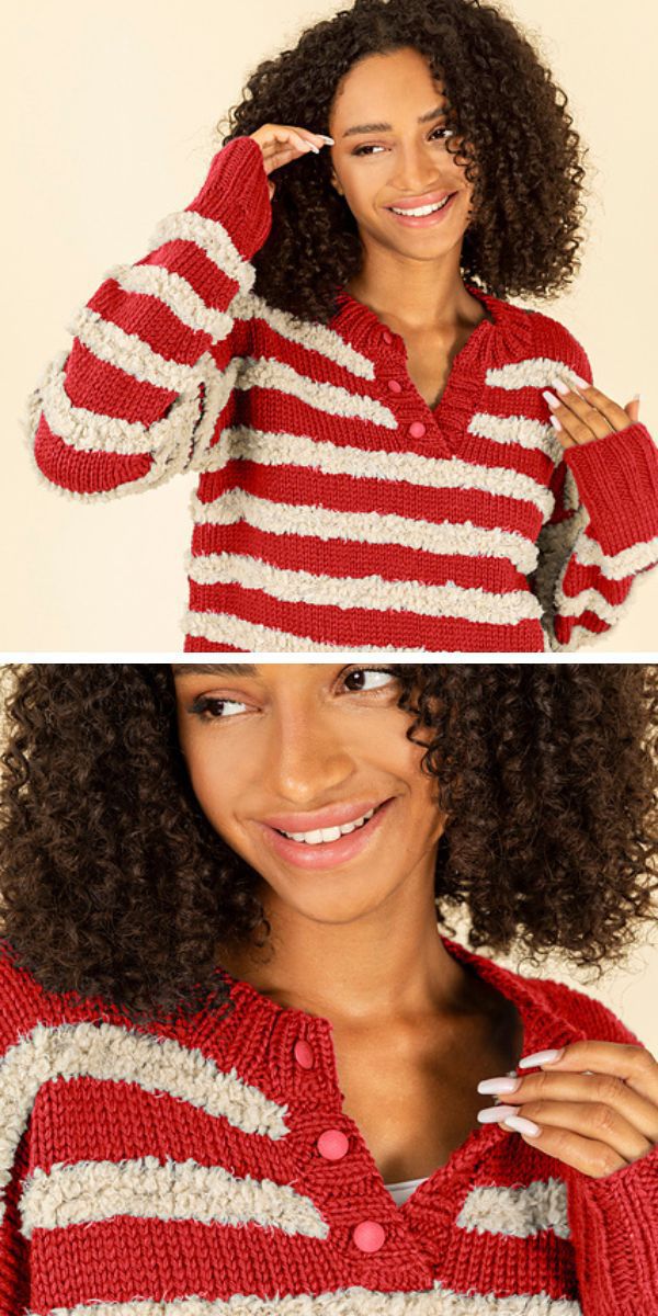 A woman wearing a knitted red and white striped sweater.