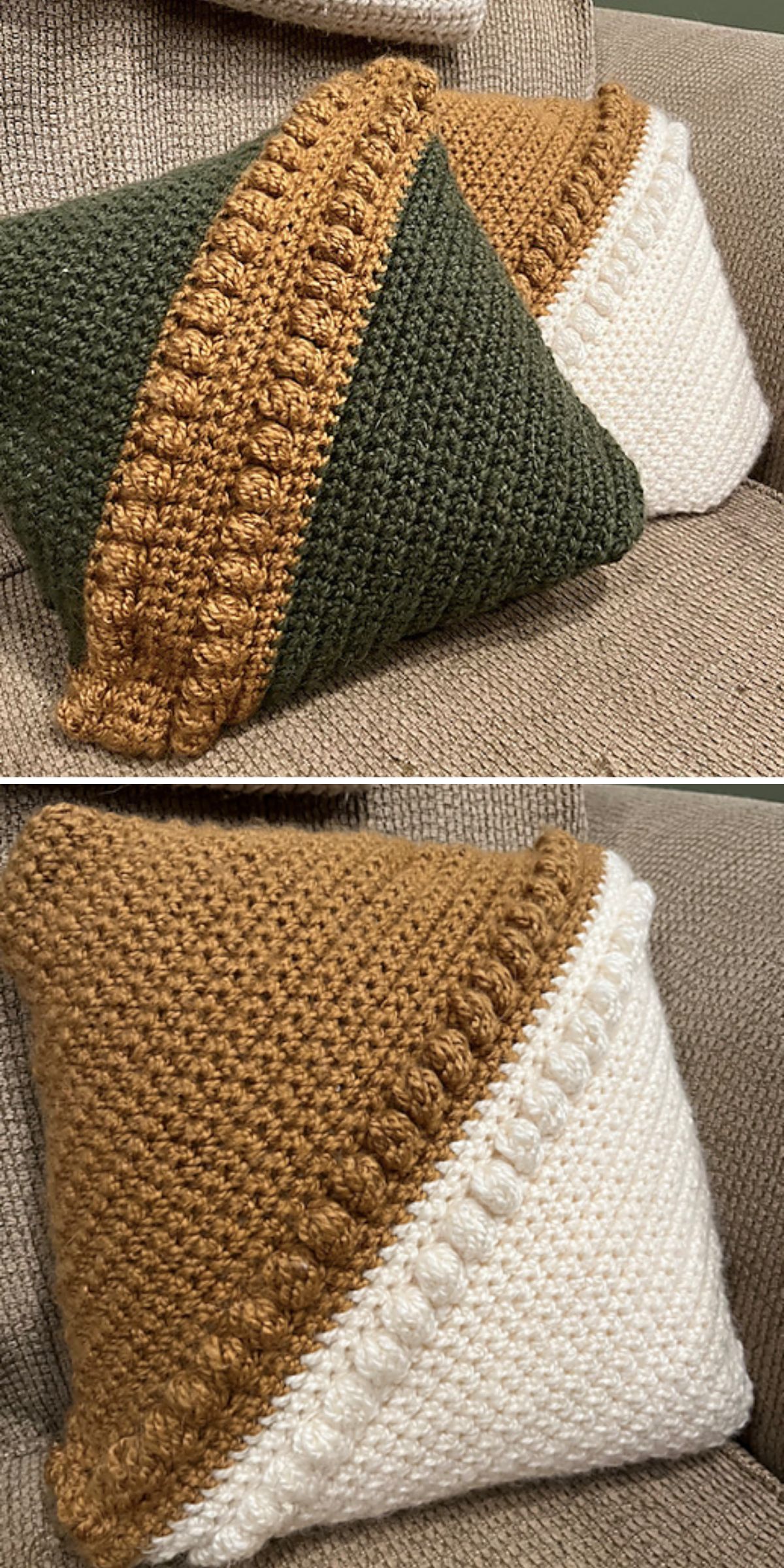 Two geometric crochet pillows rest on a beige couch.