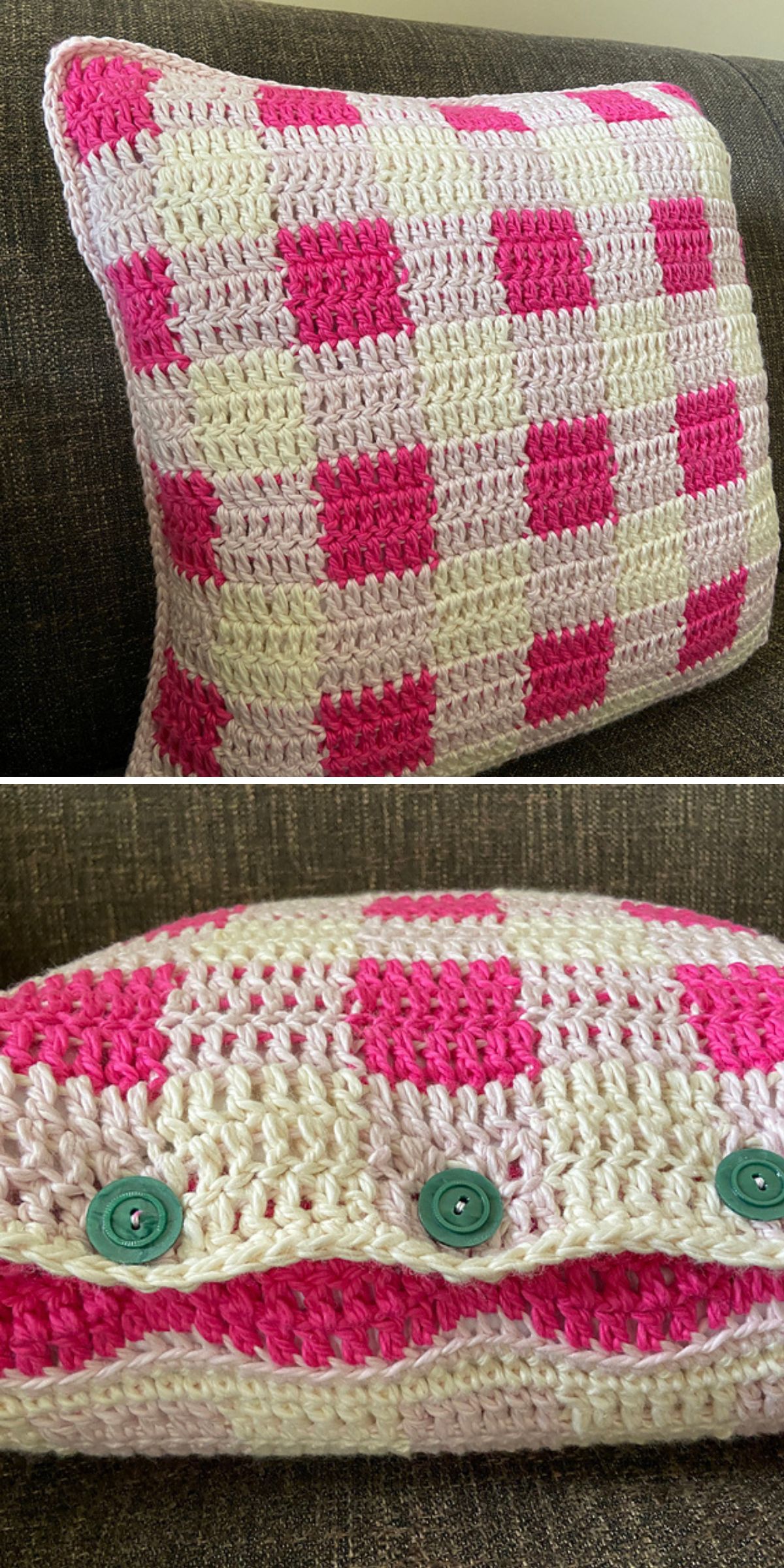 A hand-crocheted geometric pillow with a pink and white checkered pattern on the front and green buttons on the back, placed on a brown couch.