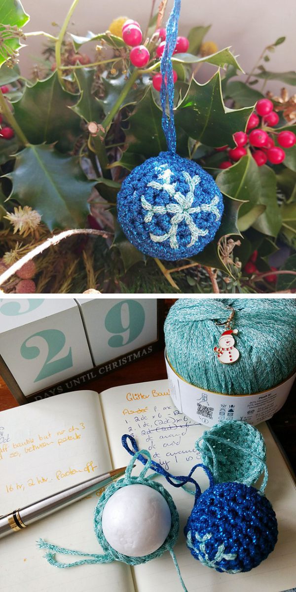 Two pictures of crocheted baubles.