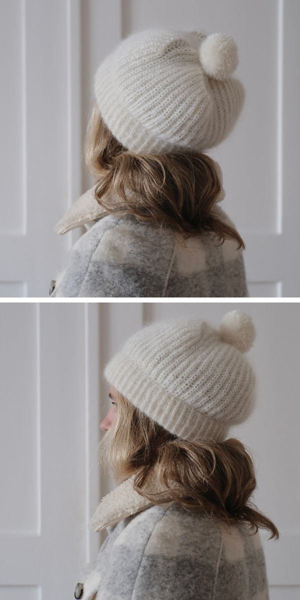 Two pictures of a woman wearing white knitted hats.