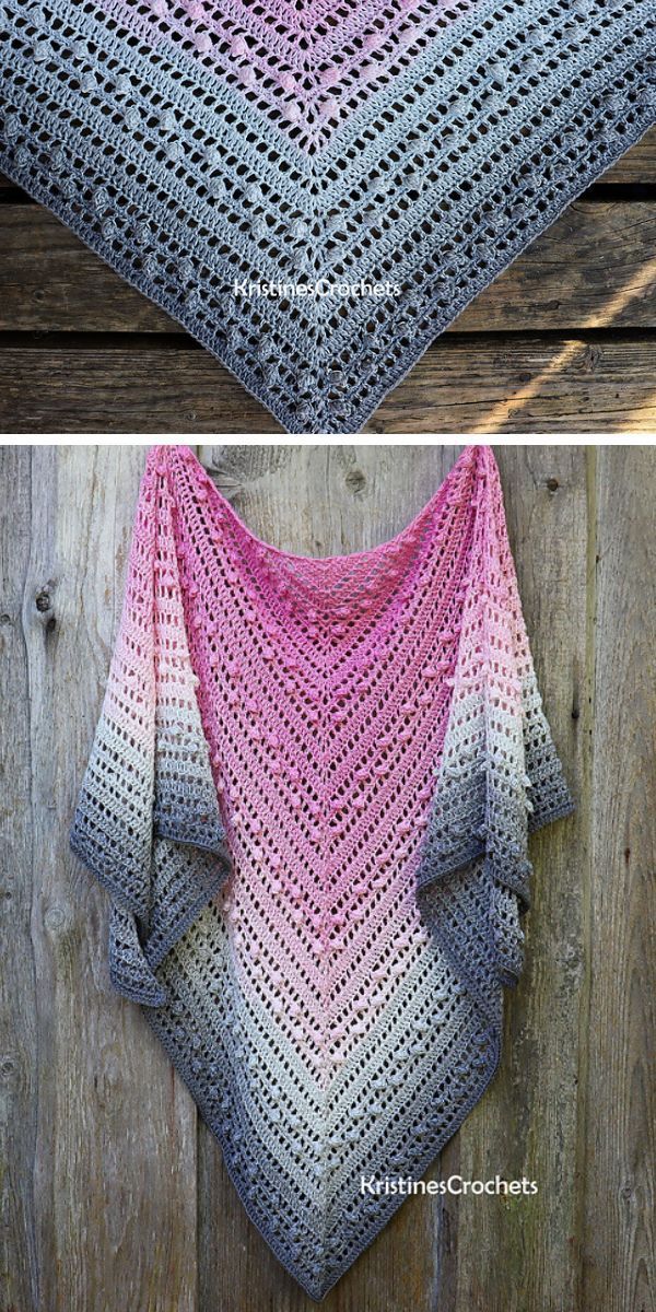 Two pictures of crochet shawls hanging on a wooden wall.