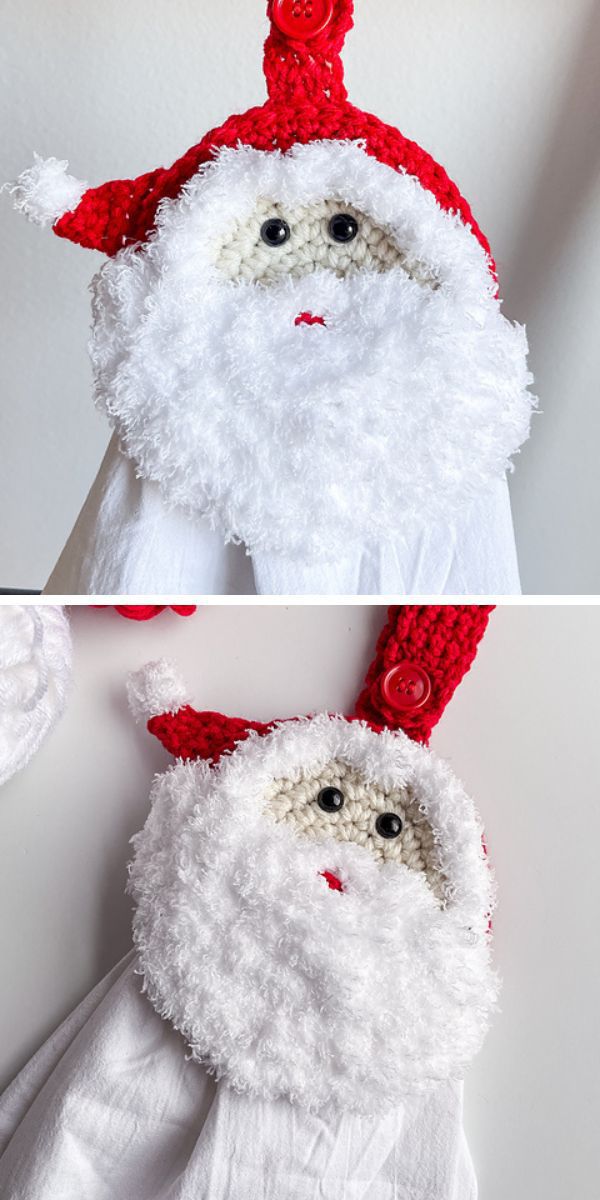 Crocheted home towel holder in the shape of Santa Claus.