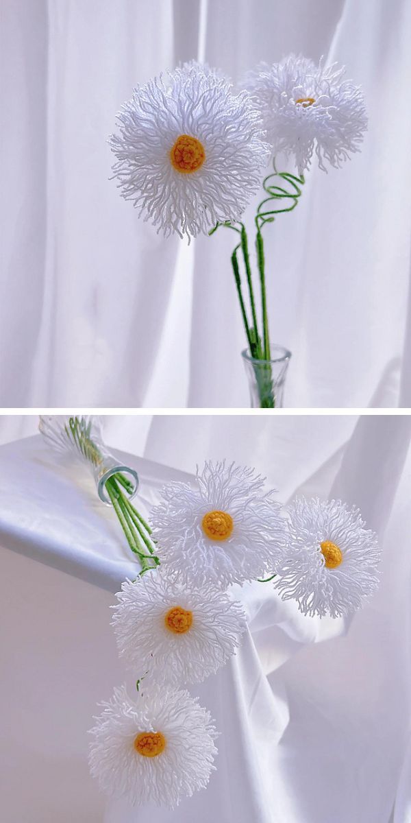 Two pictures of crochet flowers in a vase.