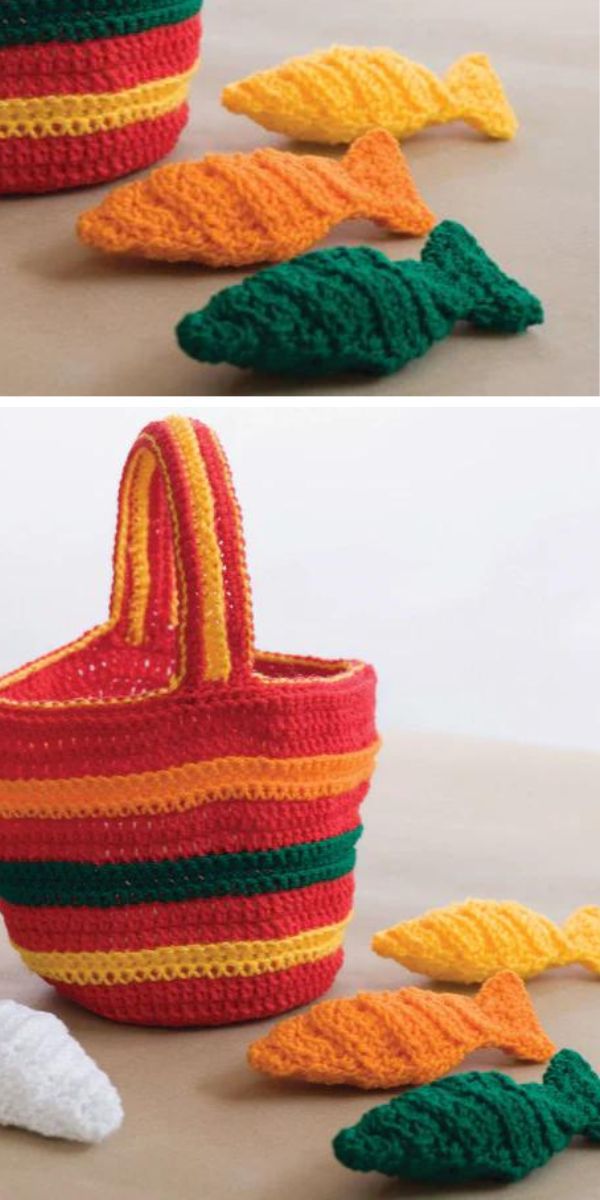 A crocheted basket with a fish on it, perfect for storing crochet baby toys.