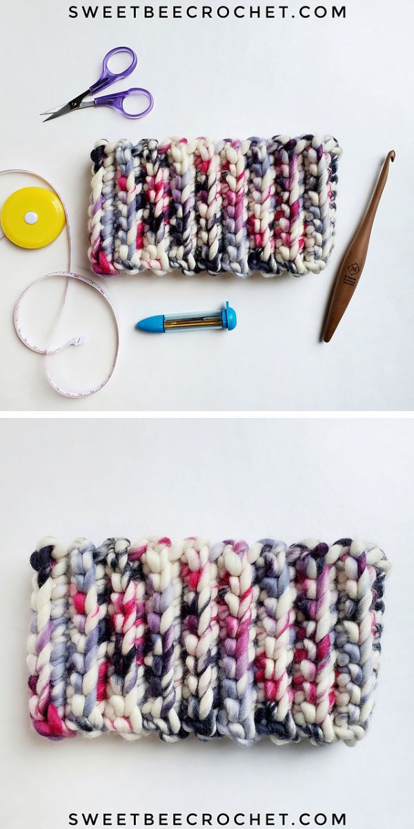 Two pictures of a crocheted scarf with scissors and yarn.