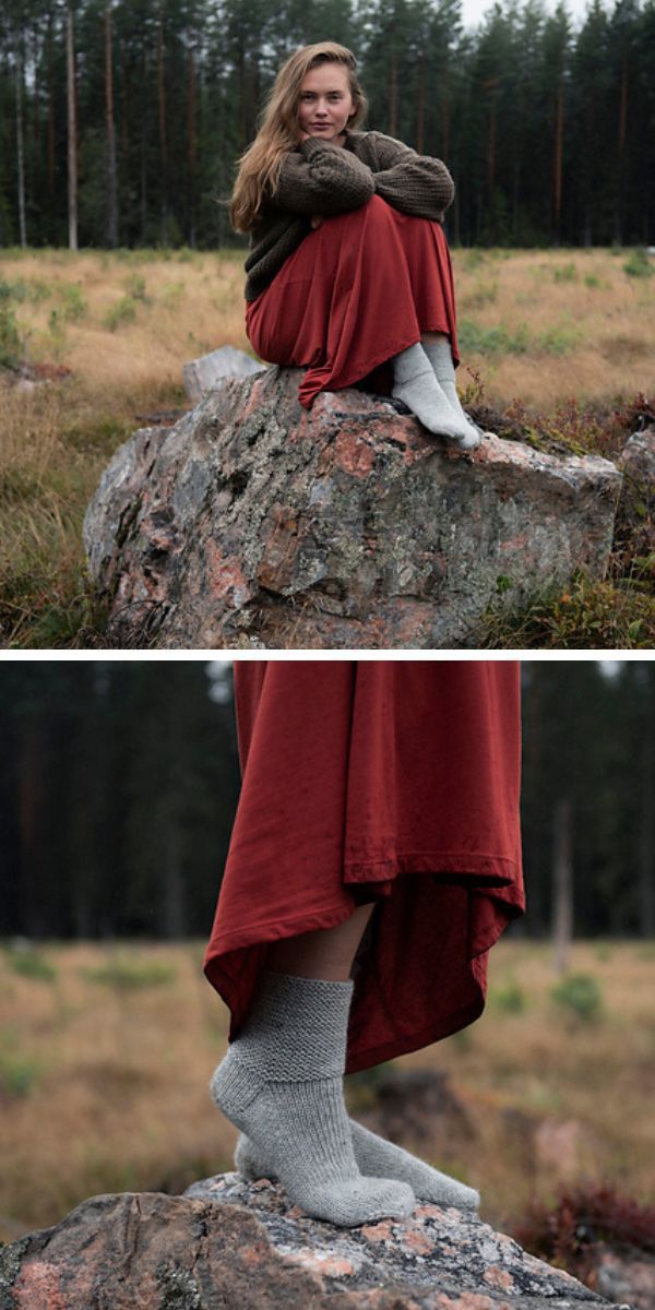 Two pictures of a woman sitting on a rock, wearing knitted socks.