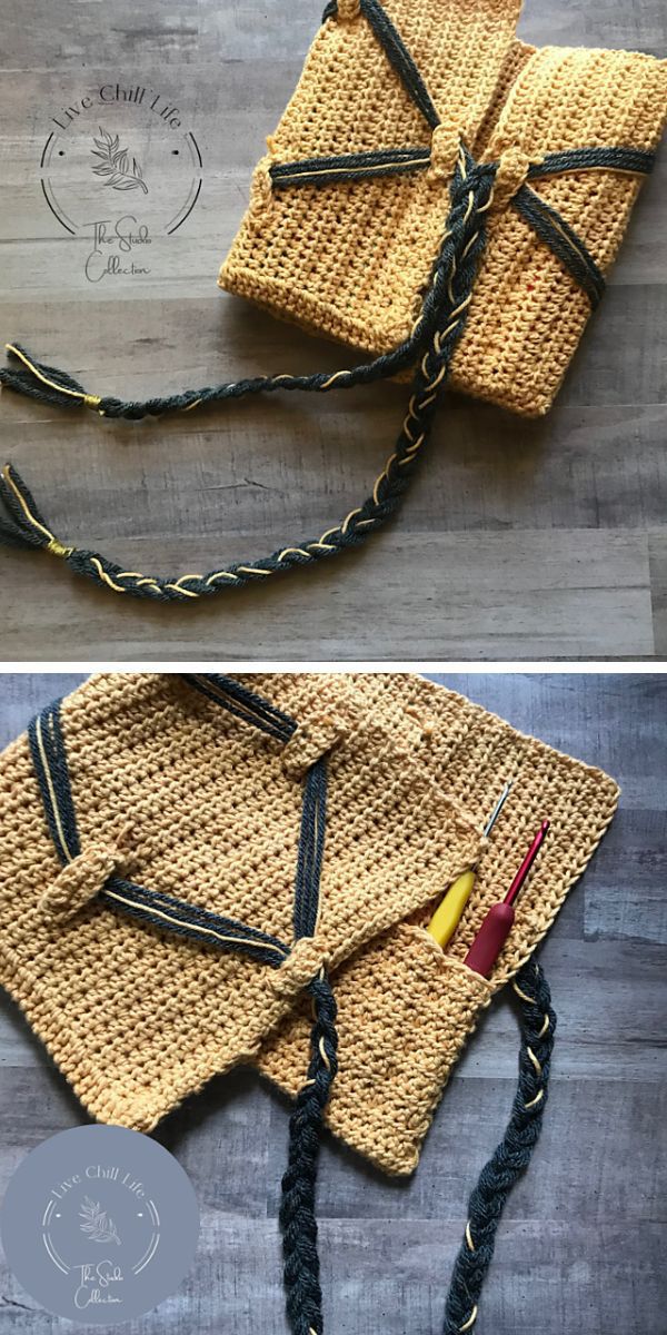 Two pictures of a crocheted bag with a pair of scissors, showcasing crochet tools.