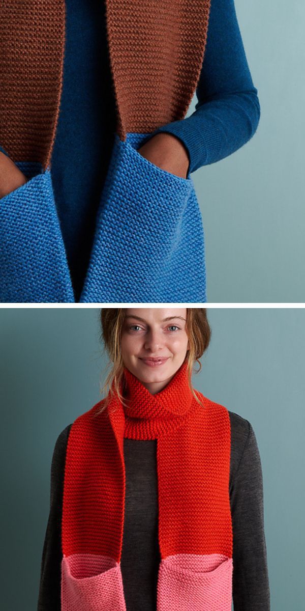 Two pictures of a woman sporting knitted scarves.