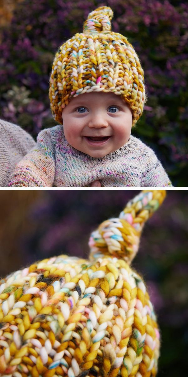 Two adorable pictures showcasing babies donning charming knit hats.