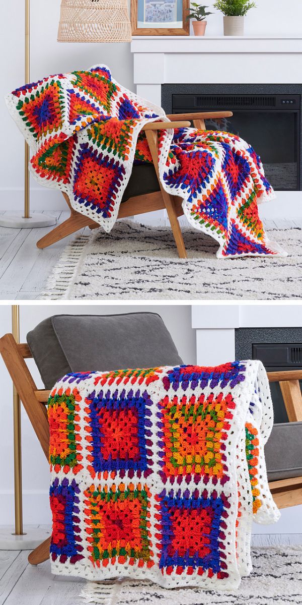 A colorful crocheted afghan on a chair.